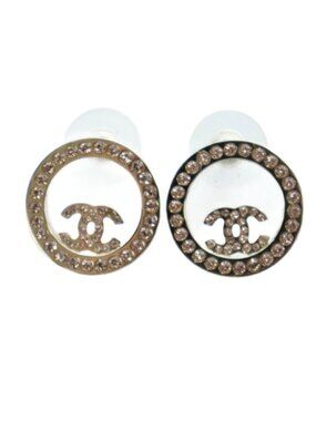 Chanel Circle CC Logo Earrings Line Stone Gold